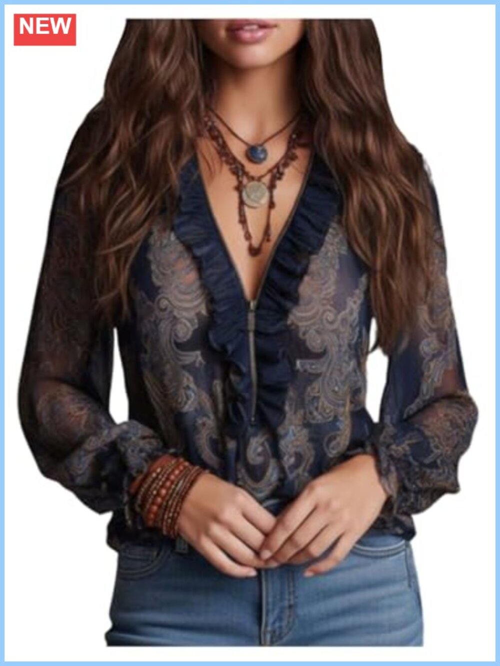WDIRARA Paisley Print Sheer Chiffon Blouse Ruffle Long Sleeve V-Neck Top